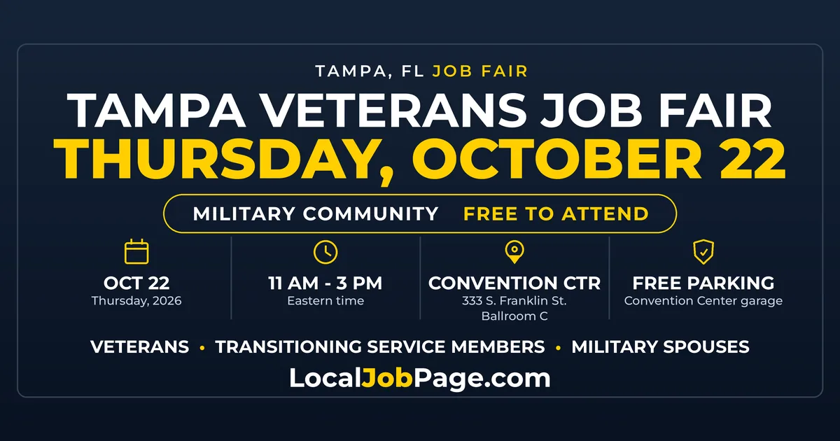 Tampa Veterans Job Fair October 22: Free Hiring Event at the Tampa Convention Center